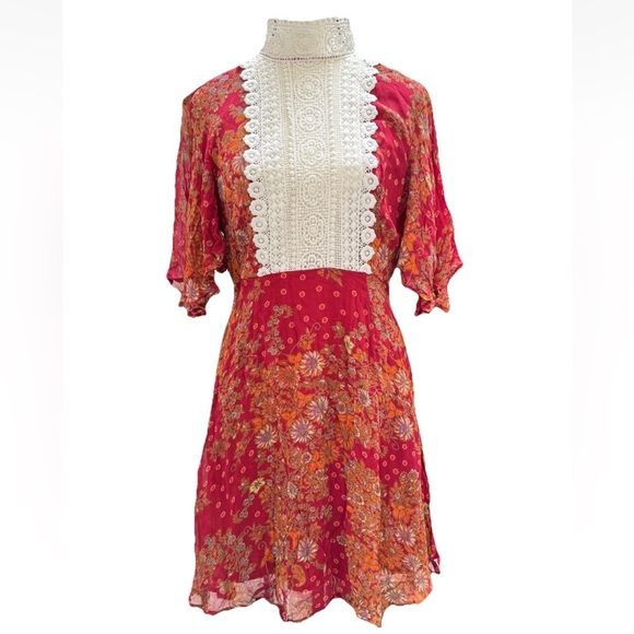 ASOS Mini Dress Floral Size 10 Crochet High Neck Open Back Red Orange Coquette - Picture 1 of 11